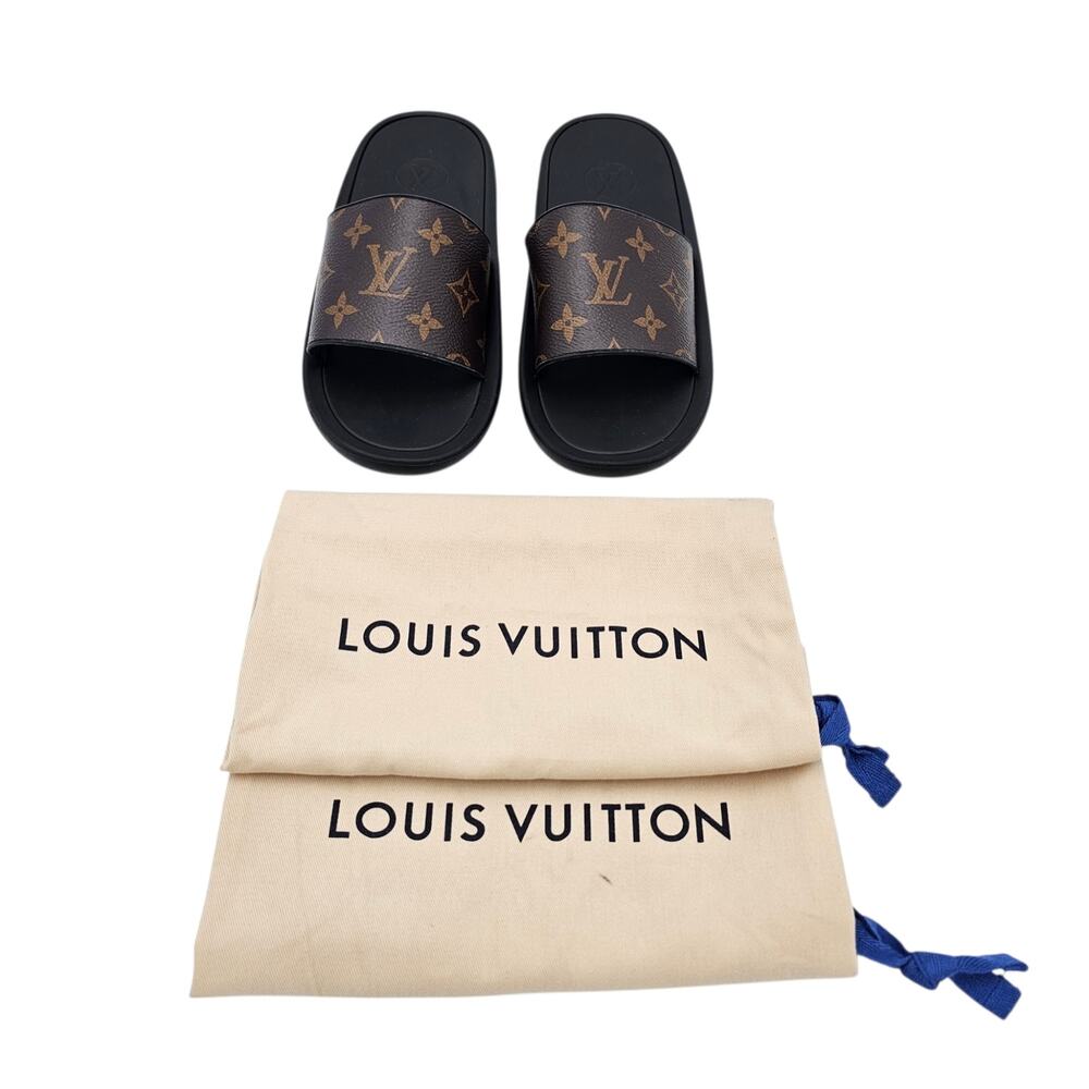 Louis Vuitton Sunbath Slide Sandal Flat Gold Brown Monogram Canvas Size 37 US 7 - Picture 2 of 10